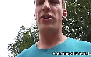Stranded chick flashes her jumbo tits and gets fucked