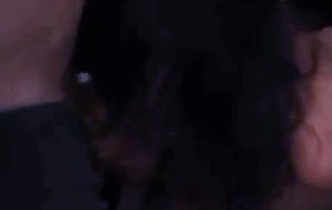 Asian looking nympho fucks two white cocks