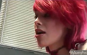 Beautiful red head t-girl with honey titties sucks and fucks