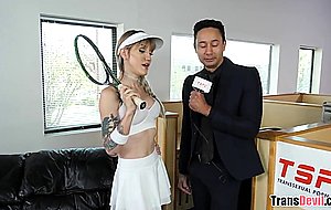 Big titted shemale takes a huge cock