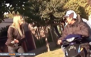 Stunning blonde shemale azul gets fucked bareback in public