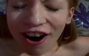 Pretty babe gets jizzed on face after giving head