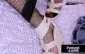 Curvy fishnet femboy flaunts her junk