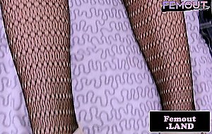 Curvy fishnet femboy flaunts her junk