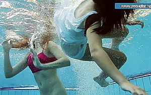 Hotly dressed teens in the pool