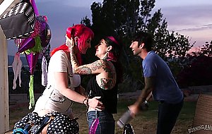 Sexy redhead fucking with a girl and the guy