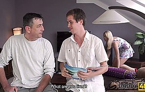 Daddy4k. dad and young girl enjoy anal sex near his sleeping son