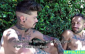 Horny tatted latinos enjoy bareback anal sex outdoors