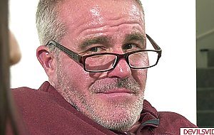 A brunette teen sucking and riding her bffs grandpas cock