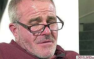 A brunette teen sucking and riding her bffs grandpas cock