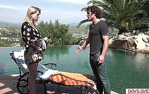 Blonde housewife rides cock then squirts