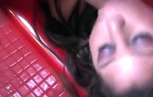 Dirty brunette slut sucking dick and getting a facial