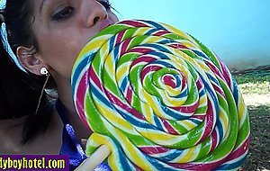 Horny big tits tranny Kessia sucks sweet guys dick after she licked candy