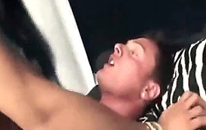 Skinny brunette tranny sucked & fucked