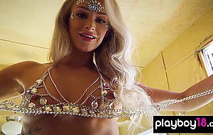 Petite small titted blonde belly dancer Emma Hix stripping in a trailer
