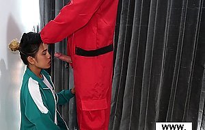 Skinny amateur Thai teen Cherry penalized by a big white cocked guard