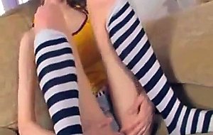 Thin busty girl with knee socks fucking intense