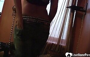 Blonde beauty has fun stripping her clothes off