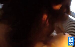 Brunette girl sucking long dick and his balls