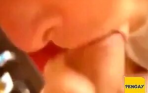Blowing and stroking his friend and he cums in mouth