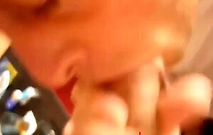 Blowing and stroking my friend and he cums in my mouth