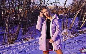 Alice novak, girl in down jacket masturbates outdoors in winter