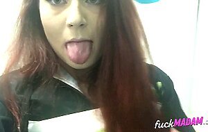 Big-Ass Schoolgirl's Strip Tease and Pussy Play in a Public Bathroom