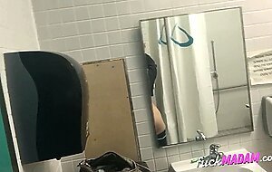 Big-Ass Schoolgirl's Strip Tease and Pussy Play in a Public Bathroom