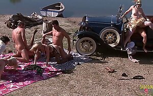 Criminals have fun during an Outdoor group sex session with the blonde and brunette milfs with big b
