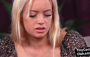SPH femdom babe laughs and jerks small cock of loser