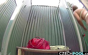 Busty milf in public shower, 