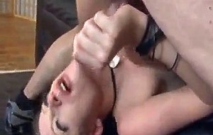 Roughly used teen slut in gangbang gets throat fucked