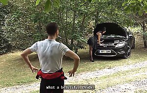 Mature4k. brunette on high heels seduced a young guy in the woods and fucked in public