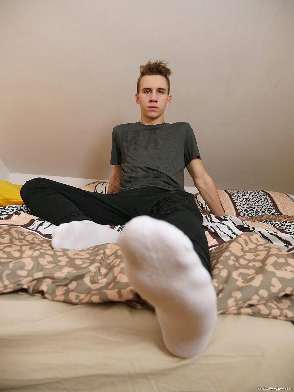 Skinny gay with a big dick Lucas Morrison undresses and flaunts his tool