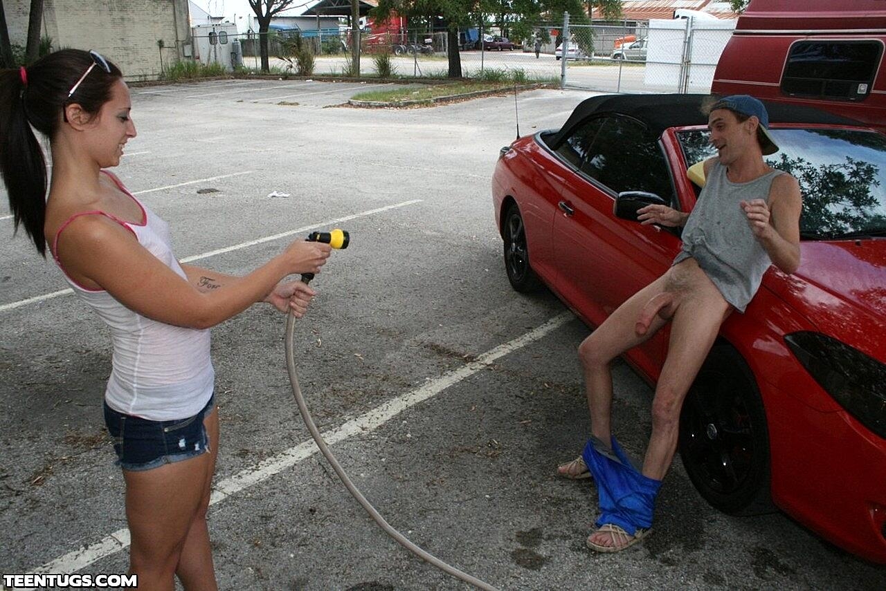 Naughty Teen Teases With Her Tiny Tits & Gives A Hung Carwash Guy A Handjob Cute, Handjob, Outdoor, Public, Teen