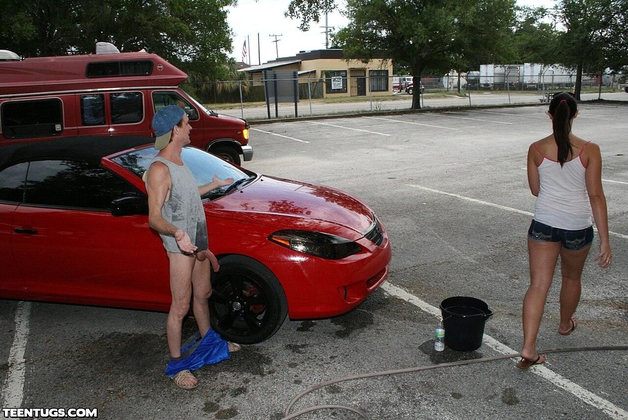 Naughty Teen Teases With Her Tiny Tits & Gives A Hung Carwash Guy A Handjob Cute, Handjob, Outdoor, Public, Teen